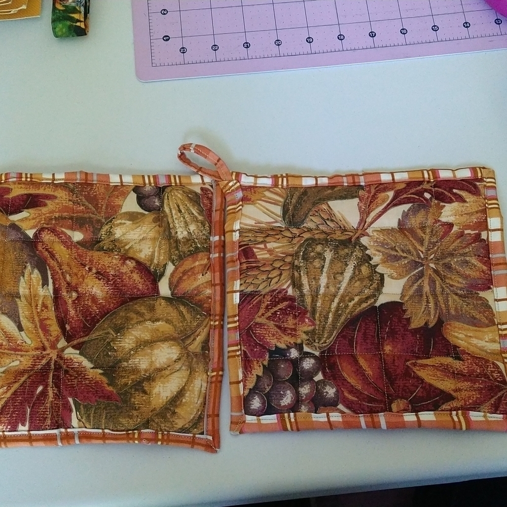 Homemade harvest potholders. Fall themed with vegetables wheat leaves fruit. New